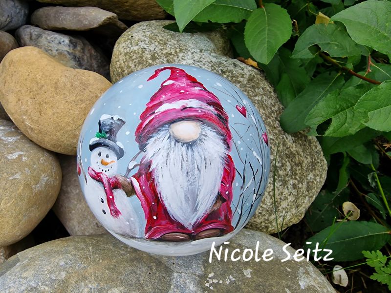 Terrakotta-Kugel * Wichtel * handbemalt * 12 cm * Schneemann Winter Schnee Herz